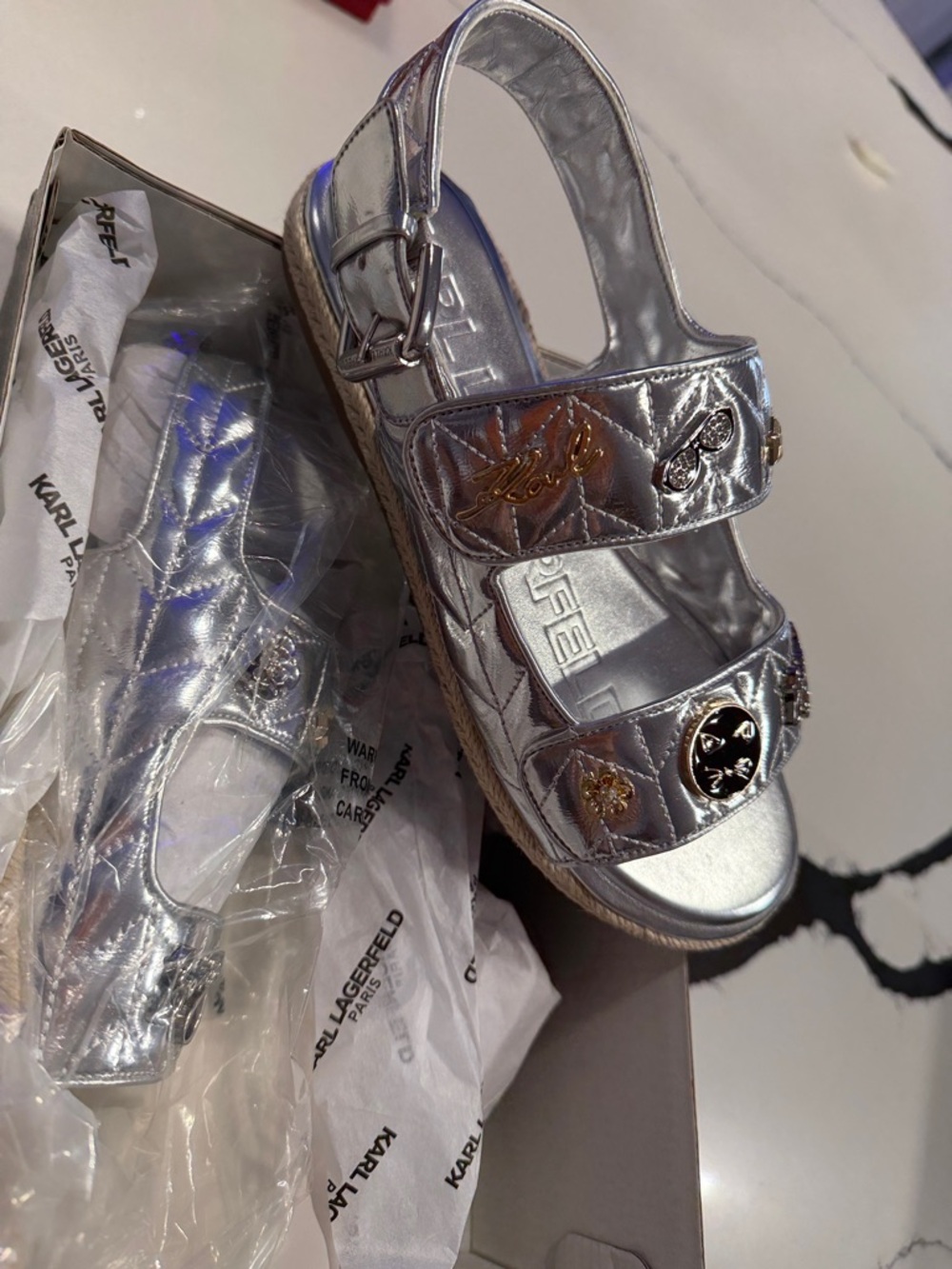 Karl Lagerfeld  Metallic Silver Quilted Charm Sandals, Very Chanel vibe